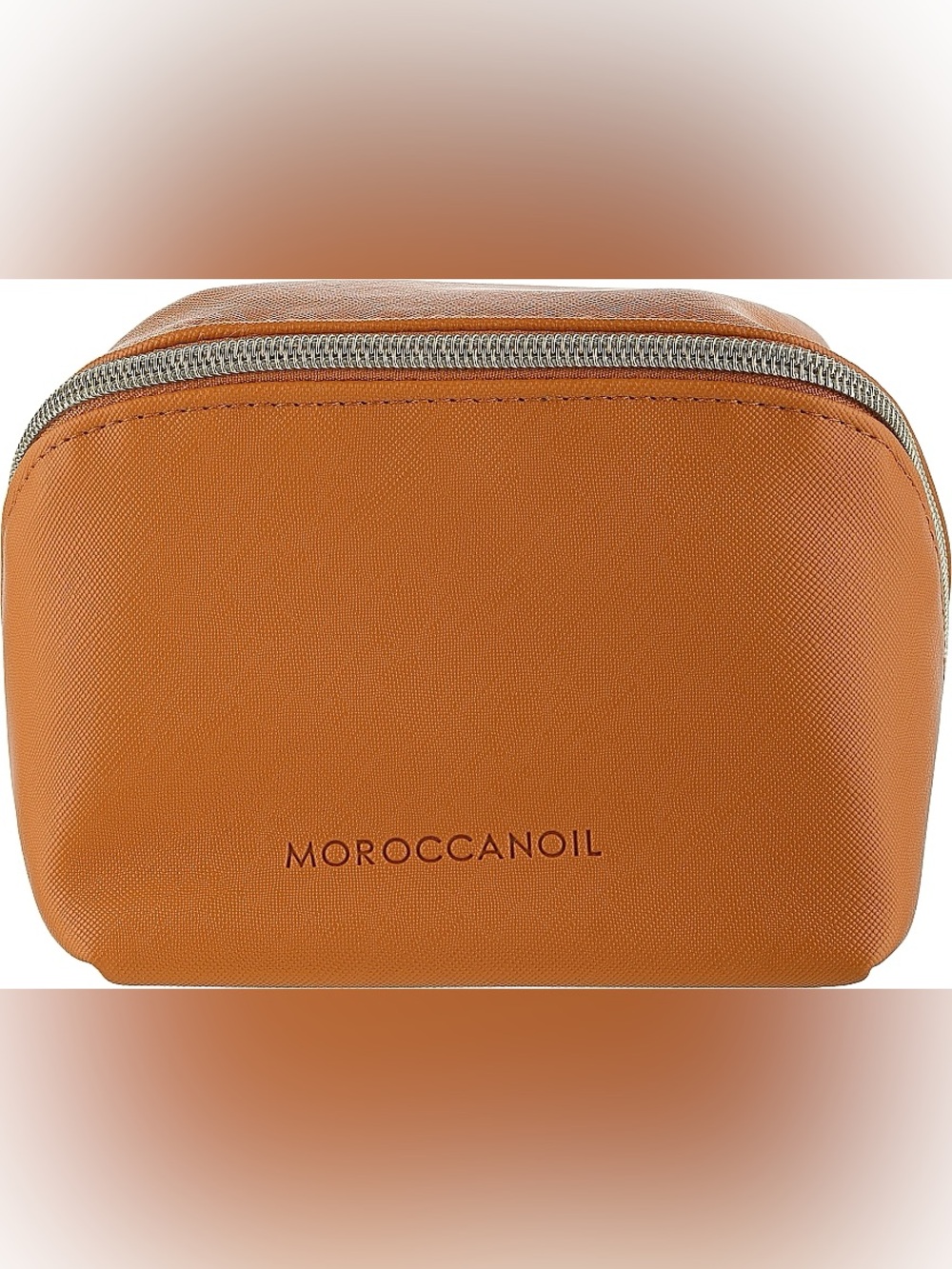 Brand new tan faux-leather Moroccanoil cosmetic pouch featuring a gold zipper